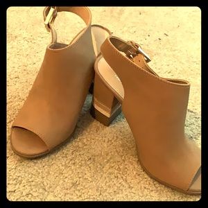 Colorblock stacked heel peep toe booties
